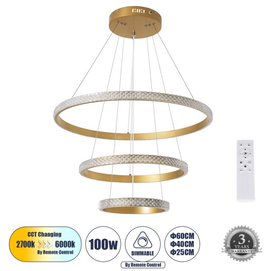 DIAMOND TRIO 61137 Μοντέρνο Κρεμαστό Φωτιστικό Οροφής LED 100W 12123lm 360° AC 220-240V IP20 Ρυθμιζόμενο Λευκό CCT με Χειριστήριο από 2700K έως 6000K Dimmable - Lumileds SMD Chip - Χρυσό Βούρτσας - Μ60 x Π60 x Υ60cm - 3 Χρόνια Εγγύηση