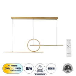 TEREZA 61289 Κρεμαστό Φωτιστικό Οροφής Design LED CCT 67W 7504lm 300° AC 220-240V - Εναλλαγή Φωτισμού μέσω Τηλεχειριστηρίου All In One Ψυχρό 6000k+Φυσικό 4500k+Θερμό 2700k Dimmable Μ110 x Π4.5 x Υ34cm - Χρυσό Πλατίνα - 3 Years Warranty