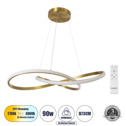 DEXTER 60916 Μοντέρνο Κρεμαστό Φωτιστικό Οροφής LED 90W 10080lm 300° AC 220-240V IP20 Ρυθμιζόμενο Λευκό CCT με Χειριστήριο από 2700K έως 6000K Dimmable - Lumileds SMD Chip - Χρυσό Βούρτσας - Μ73 x Π73 x Υ16cm - 3 Χρόνια Εγγύηση
