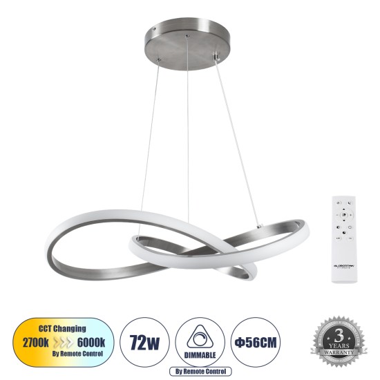 DEXTER 60498 Μοντέρνο Κρεμαστό Φωτιστικό Οροφής LED 72W 8064lm 300° AC 220-240V IP20 Ρυθμιζόμενο Λευκό CCT με Χειριστήριο από 2700K έως 6000K Dimmable - Lumileds SMD Chip - Νίκελ Βούρτσας - Μ56 x Π56 x Υ14cm - 3 Χρόνια Εγγύηση