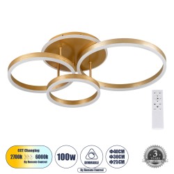 VENOM 61125 Μοντέρνο Φωτιστικό Οροφής LED 100W 12100lm 360° AC 220-240V IP20 Ρυθμιζόμενο Λευκό CCT με Χειριστήριο από 2700K έως 6000K Dimmable - Lumileds SMD Chip - Χρυσό Βούρτσας - Μ70 x Π40 x Υ16cm - 3 Χρόνια Εγγύηση