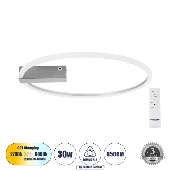 CINDERELLA 60983 Φωτιστικό Οροφής Δαχτυλίδι-Κύκλος LED CCT 30W 3360lm 360° AC 220-240V - Εναλλαγή Φωτισμού μέσω Τηλεχειριστηρίου All In One Ψυχρό 6000k+Φυσικό 4500k+Θερμό 2700k Dimmable Φ50cm - Χρώμιο Νικελ - 3 Years Warranty