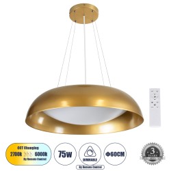 ANATOLIA 61270 Κρεμαστή Πλαφονιέρα Οροφής LED CCT 75W 8625lm 120° AC 220-240V - Εναλλαγή Φωτισμού μέσω Τηλεχειριστηρίου All In One Ψυχρό 6000k+Φυσικό 4500k+Θερμό 2700k Dimmable Φ60cm - Χρυσό - 3 Years Warranty