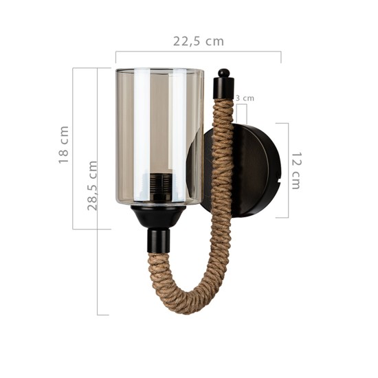 RIFT 203-0002 Vintage Επιτοίχιο Φωτιστικό Απλίκα Σχοινί Μονόφωτο 1 x E27 IP20 Μαύρο Μέταλλο με Μπεζ Σχοινί με Φιμέ Γυαλί - Μ22.5 x Π22.5 x Υ28.5cm RIFT 203-0002 Vintage Επιτοίχιο Φωτιστικό Απλίκα Σχοινί Μονόφωτο 1 x E27 IP20 Μαύρο Μέταλλο με Μπεζ Σχοινί με Φιμέ Γυαλί - Μ22.5 x Π22.5 x Υ28.5cm