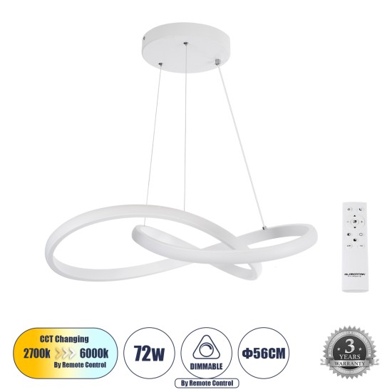 DEXTER 61050 Μοντέρνο Κρεμαστό Φωτιστικό Οροφής LED 72W 8064lm 300° AC 220-240V IP20 Ρυθμιζόμενο Λευκό CCT με Χειριστήριο από 2700K έως 6000K Dimmable - Lumileds SMD Chip - Λευκό Ματ - Μ56 x Π56 x Υ14cm - 3 Χρόνια Εγγύηση