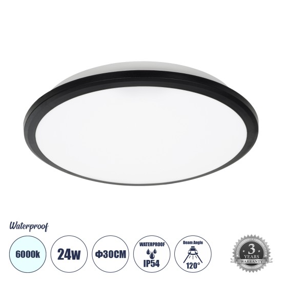 TUFFIN 60996 Πλαφονιέρα Οροφής LED 24W 2760lm 120° AC 220-240V Αδιάβροχη IP54 Φ30 x Υ6.5cm Ψυχρό Λευκό 6000K - Μαύρο - Bridgelux Chips - 3 Years Warranty