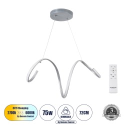 SPIRALE 61285 Μοντέρνο Κρεμαστό Φωτιστικό Οροφής LED 75W 8400lm 300° AC 220-240V IP20 Ρυθμιζόμενο Λευκό CCT με Χειριστήριο από 2700K έως 6000K Dimmable - Lumileds SMD Chip - Νίκελ Βούρτσας - Μ72 x Π25 x Υ30cm - 3 Χρόνια Εγγύηση