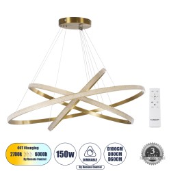DIAMOND TRIO 61141-DECO Μοντέρνο Κρεμαστό Φωτιστικό Οροφής LED 150W 18379lm 360° AC 220-240V IP20 Ρυθμιζόμενο Λευκό CCT με Χειριστήριο από 2700K έως 6000K Dimmable - Lumileds SMD Chip - Χρυσό Βούρτσας - Μ100 x Π100 x Υ100cm - 3 Χρόνια Εγγύηση