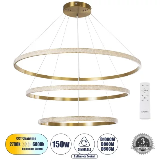 DIAMOND TRIO 61141 Μοντέρνο Κρεμαστό Φωτιστικό Οροφής LED 150W 18379lm 360° AC 220-240V IP20 Ρυθμιζόμενο Λευκό CCT με Χειριστήριο από 2700K έως 6000K Dimmable - Lumileds SMD Chip - Χρυσό Βούρτσας - Μ100 x Π100 x Υ100cm - 3 Χρόνια Εγγύηση