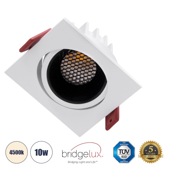 LEO-SQ 60288 Χωνευτό LED Spot Downlight TrimLess Μ8.5xΠ8.5cm 10W 1300lm 38° AC 220-240V IP20 Μ8.5 x Π8.5 x Υ6.6cm - Τετράγωνο - Κινούμενο - Λευκό με Μαύρο Κάτοπτρο & Anti-Glare HoneyComb - Φυσικό Λευκό 4500K - Bridgelux COB - 5 Years Warranty