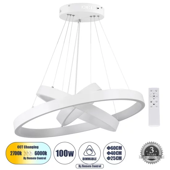NEMESIS TRIO 61168-DECO Μοντέρνο Κρεμαστό Φωτιστικό Οροφής LED 100W 12123lm 360° AC 220-240V IP20 Ρυθμιζόμενο Λευκό CCT με Χειριστήριο από 2700K έως 6000K Dimmable - Lumileds SMD Chip - Λευκό Ματ - Μ60 x Π60 x Υ60cm - 3 Χρόνια Εγγύηση
