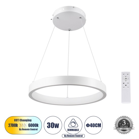 NEMESIS 61156 Μοντέρνο Κρεμαστό Φωτιστικό Οροφής LED 30W 3513lm 360° AC 220-240V IP20 Ρυθμιζόμενο Λευκό CCT με Χειριστήριο από 2700K έως 6000K Dimmable - Lumileds SMD Chip - Λευκό Ματ - Μ40 x Π40 x Υ4cm - 3 Χρόνια Εγγύηση