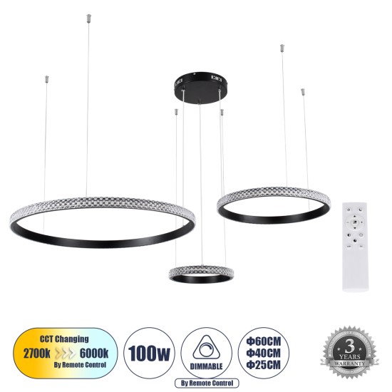DIAMOND TRIO 61142 Μοντέρνο Κρεμαστό Φωτιστικό Οροφής LED 100W 12123lm 360° AC 220-240V IP20 Ρυθμιζόμενο Λευκό CCT με Χειριστήριο από 2700K έως 6000K Dimmable - Lumileds SMD Chip - Μαυρό Ματ - Μ110 x Π110 x Υ60cm - 3 Χρόνια Εγγύηση