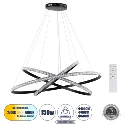 DIAMOND TRIO 61140-DECO Κρεμαστό Φωτιστικό Δαχτυλίδι-Κύκλος LED CCT 150W 18379lm 360° AC 220-240V - Εναλλαγή Φωτισμού μέσω Τηλεχειριστηρίου All In One Ψυχρό 6000k+Φυσικό 4500k+Θερμό 2700k Dimmable Φ60+80+100cm - Μαύρο - 3 Years Warranty