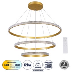 DIAMOND TRIO 61139 Μοντέρνο Κρεμαστό Φωτιστικό Οροφής LED 120W 14723lm 360° AC 220-240V IP20 Ρυθμιζόμενο Λευκό CCT με Χειριστήριο από 2700K έως 6000K Dimmable - Lumileds SMD Chip - Χρυσό Βούρτσας - Μ80 x Π80 x Υ80cm - 3 Χρόνια Εγγύηση