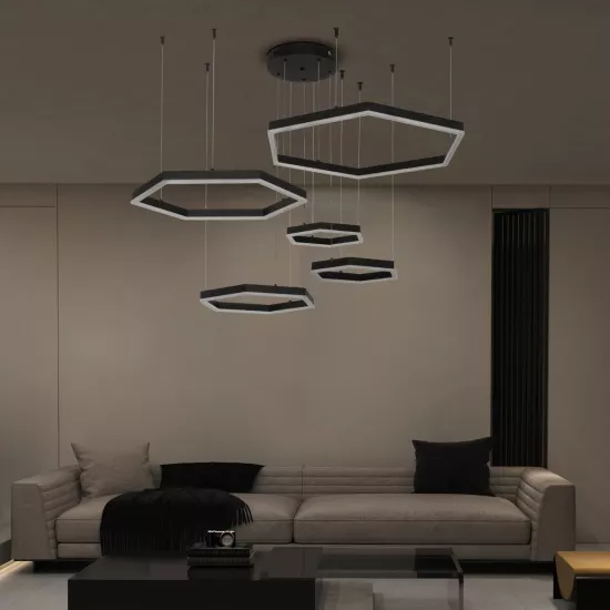 kelvo® LEXAGON KLV-101-0179 Κρεμαστό Φωτιστικό Οροφής LED 120W 12000lm 200° AC 220-240V IP20 Ρυθμιζόμενο Λευκό CCT με Χειριστήριο από 2700K έως 6000K Dimmable - Lumileds SMD Chip - Μαύρο Ματ - Μ110 x Π90 x Υ110cm - 3 Χρόνια Εγγύηση