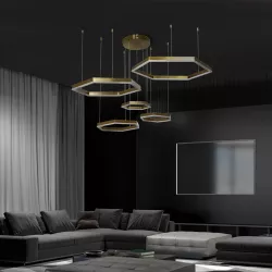 kelvo® LEXAGON KLV-101-0180 Κρεμαστό Φωτιστικό Οροφής LED 120W 12000lm 200° AC 220-240V IP20 Ρυθμιζόμενο Λευκό CCT με Χειριστήριο από 2700K έως 6000K Dimmable - Lumileds SMD Chip - Χρυσό Πλατίνα - Μ110 x Π90 x Υ110cm - 3 Χρόνια Εγγύηση