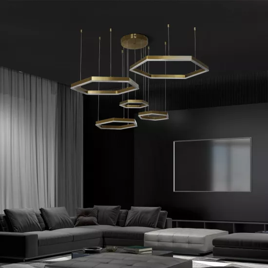 kelvo® LEXAGON KLV-101-0180 Κρεμαστό Φωτιστικό Οροφής LED 120W 12000lm 200° AC 220-240V IP20 Ρυθμιζόμενο Λευκό CCT με Χειριστήριο από 2700K έως 6000K Dimmable - Lumileds SMD Chip - Χρυσό Πλατίνα - Μ110 x Π90 x Υ110cm - 3 Χρόνια Εγγύηση