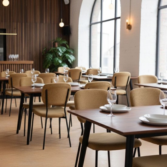 Καρέκλα τραπεζαρίας Kevin  μουσταρδί ύφασμα - μεταλλικό μαύρο πόδι 48x51x87εκ.