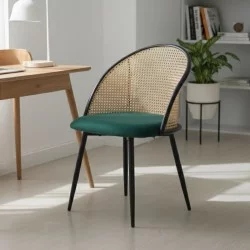 Καρέκλα τραπεζαρίας Jacob  pe rattan - κυπαρισσί βελούδο - μεταλλικό μαύρο πόδι 52x50x77εκ.