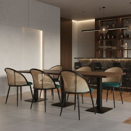 Καρέκλα τραπεζαρίας Jacob  pe rattan - κυπαρισσί βελούδο - μεταλλικό μαύρο πόδι 52x50x77εκ.