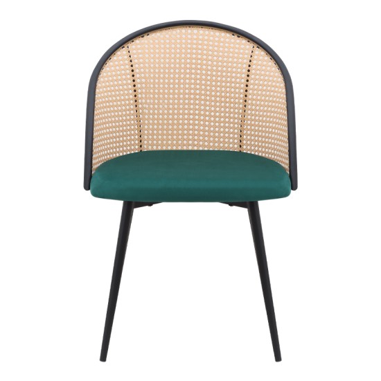 Καρέκλα τραπεζαρίας Jacob  pe rattan - κυπαρισσί βελούδο - μεταλλικό μαύρο πόδι 52x50x77εκ.