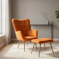 Πολυθρόνα - Μπερζέρα με υποπόδιο Lily  κροκί βελούδο - μεταλλικό πόδι χρώμα φυσικό 70x62x98εκ.