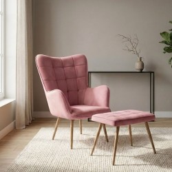 Πολυθρόνα - Μπερζέρα με υποπόδιο Lily  σάπιο μήλο βελούδο - μεταλλικό πόδι χρώμα φυσικό 70x62x98εκ.