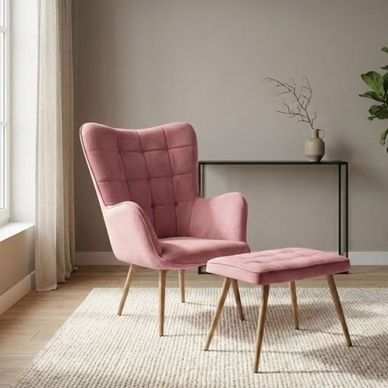 Πολυθρόνα - Μπερζέρα με υποπόδιο Lily  σάπιο μήλο βελούδο - μεταλλικό πόδι χρώμα φυσικό 70x62x98εκ.