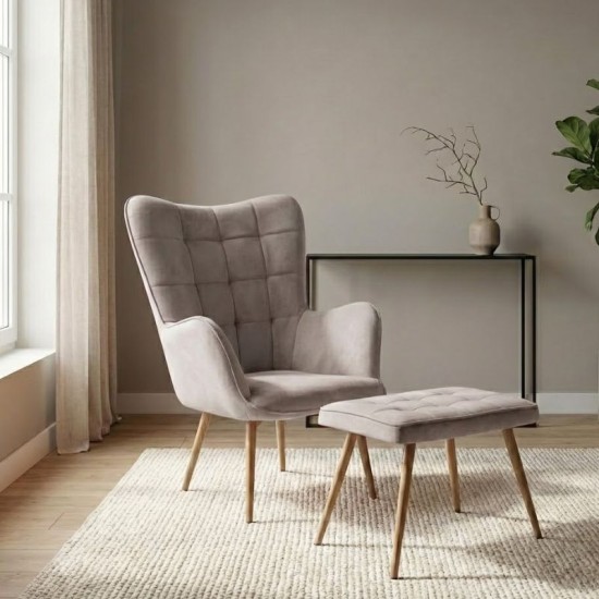 Πολυθρόνα - Μπερζέρα με υποπόδιο Lily  μπεζ βελούδο - μεταλλικό πόδι χρώμα φυσικό 70x62x98εκ.