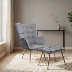 Πολυθρόνα - Μπερζέρα με υποπόδιο Lily  γκρι βελούδο - μεταλλικό πόδι χρώμα φυσικό 70x62x98εκ.