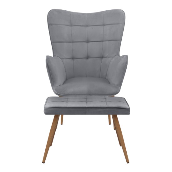 Πολυθρόνα - Μπερζέρα με υποπόδιο Lily  γκρι βελούδο - μεταλλικό πόδι χρώμα φυσικό 70x62x98εκ.