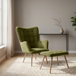 Πολυθρόνα - Μπερζέρα με υποπόδιο Lily  λαδί βελούδο - μεταλλικό πόδι χρώμα φυσικό 70x62x98εκ.