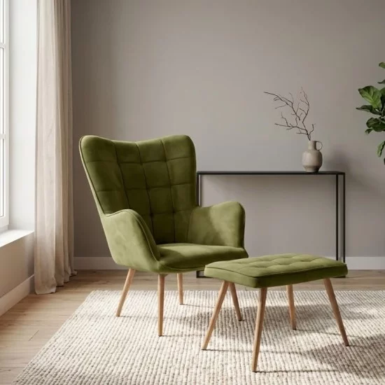 Πολυθρόνα - Μπερζέρα με υποπόδιο Lily  λαδί βελούδο - μεταλλικό πόδι χρώμα φυσικό 70x62x98εκ.