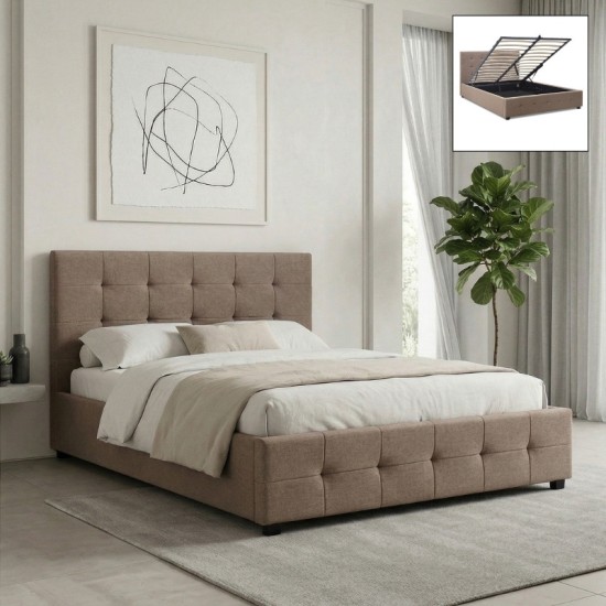 Κρεβάτι Iro  υφασμάτινο με αποθηκευτικό χώρο χρώμα μπεζ - καφέ 160x200εκ.