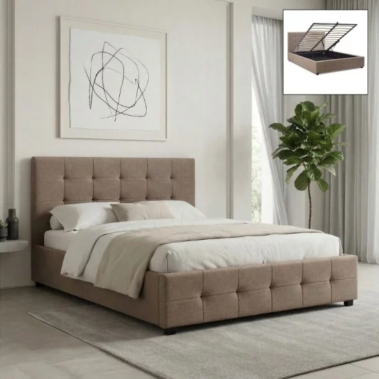 Κρεβάτι Iro  υφασμάτινο με αποθηκευτικό χώρο χρώμα μπεζ - καφέ 160x200εκ.