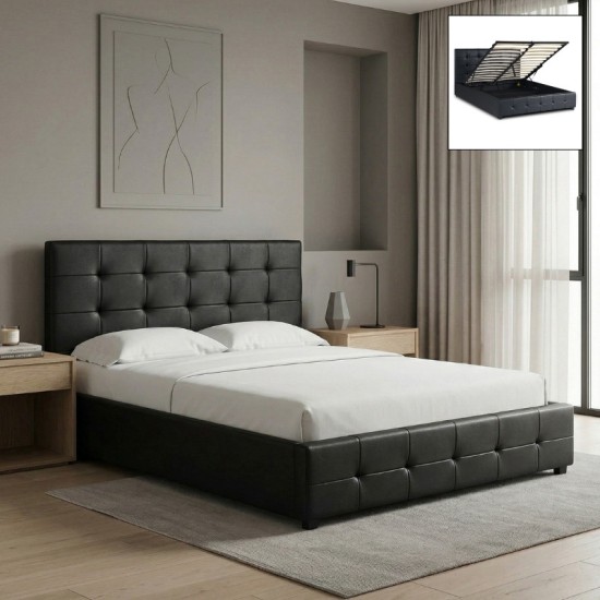 Κρεβάτι Iro  από τεχνόδερμα με αποθηκευτικό χώρο χρώμα μαύρο 150x200εκ.