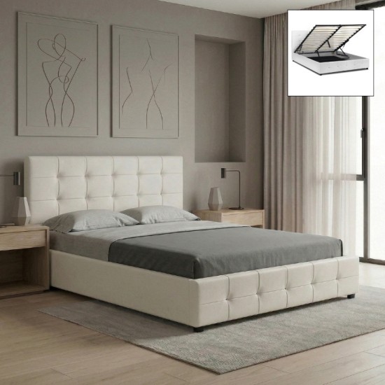 Κρεβάτι Iro  από τεχνόδερμα με αποθηκευτικό χώρο χρώμα λευκό 150x200εκ.