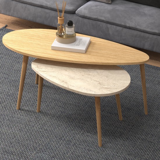 Τραπεζάκι σαλονιού σετ 2 τμχ Elips  χρώμα oak - travertine 116x46x46εκ.