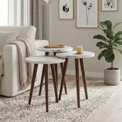 Τραπεζάκι βοηθητικό σετ 3 τμχ Cruz  χρώμα λευκό εφέ μαρμάρου Ø33x46εκ.