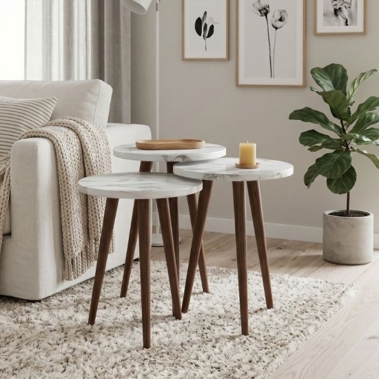 Τραπεζάκι βοηθητικό σετ 3 τμχ Cruz  χρώμα λευκό εφέ μαρμάρου Ø33x46εκ.