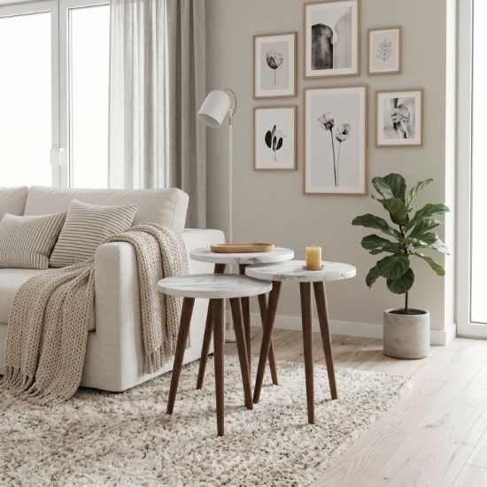 Τραπεζάκι βοηθητικό σετ 3 τμχ Cruz  χρώμα λευκό εφέ μαρμάρου Ø33x46εκ.