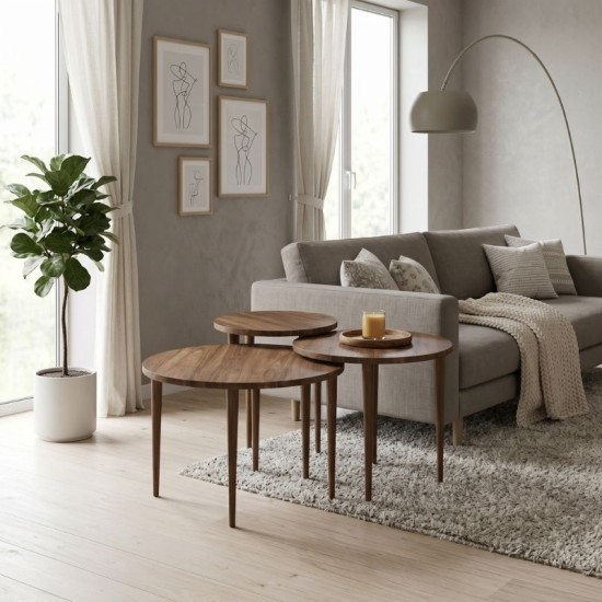 Τραπεζάκι σαλονιού σετ 3 τμχ Nola  χρώμα καρυδί Ø60x46εκ.