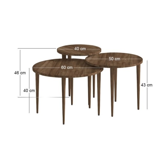 Τραπεζάκι σαλονιού σετ 3 τμχ Nola  χρώμα καρυδί Ø60x46εκ.