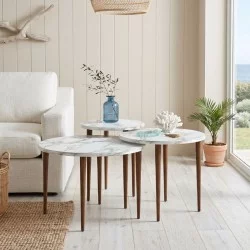 Τραπεζάκι σαλονιού σετ 3 τμχ Nola  χρώμα λευκό εφέ μαρμάρου Ø60x46εκ.