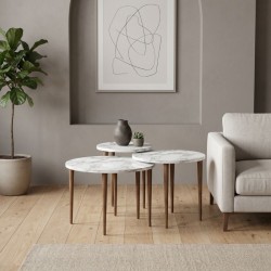 Τραπεζάκι σαλονιού σετ 3 τμχ Nola  χρώμα λευκό εφέ μαρμάρου Ø60x46εκ.