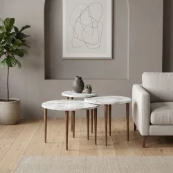 Τραπεζάκι σαλονιού σετ 3 τμχ Nola  χρώμα λευκό εφέ μαρμάρου Ø60x46εκ.