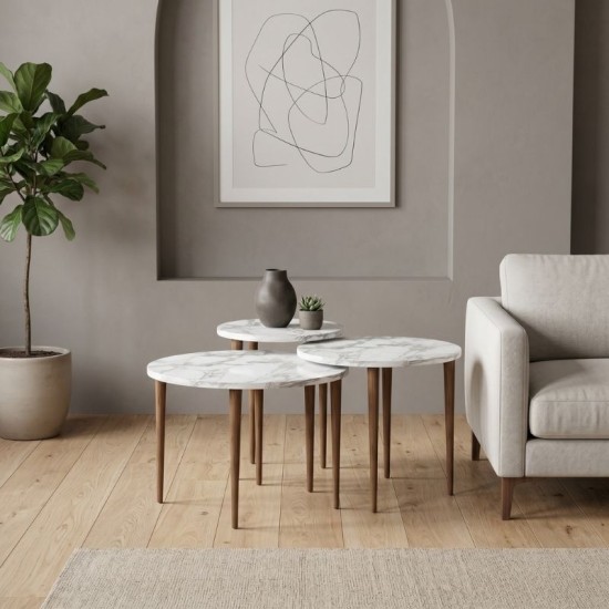 Τραπεζάκι σαλονιού σετ 3 τμχ Nola  χρώμα λευκό εφέ μαρμάρου Ø60x46εκ.