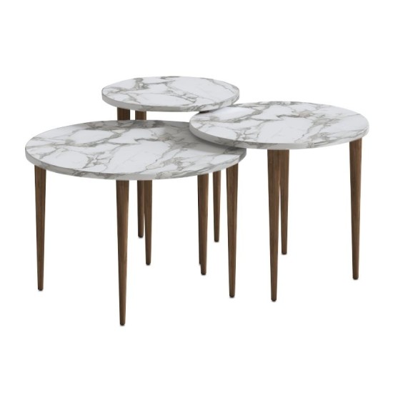 Τραπεζάκι σαλονιού σετ 3 τμχ Nola  χρώμα λευκό εφέ μαρμάρου Ø60x46εκ.