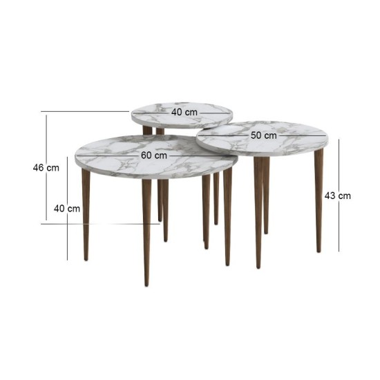 Τραπεζάκι σαλονιού σετ 3 τμχ Nola  χρώμα λευκό εφέ μαρμάρου Ø60x46εκ.